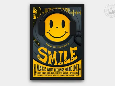 Thank God It's Friday Flyer Template club design dj emoji face flyer friday happy mix music party poster saturday smile smiley template turntable vinyl weekend yellow