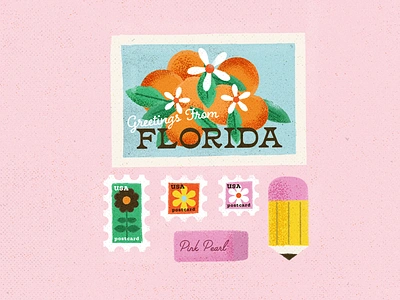 postcard clementines eraser floral florida flower leaves oranges pencil postcard stamp sunshine texture vacation writing