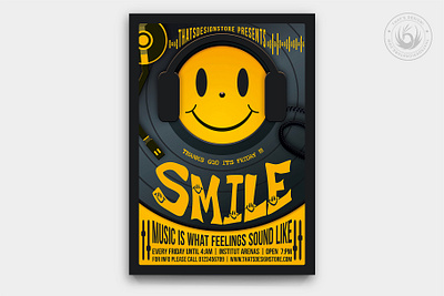 Thank God It's Friday Flyer Template club design dj emoji face flyer friday happy mix music party poster saturday smile smiley template turntable vinyl weekend yellow