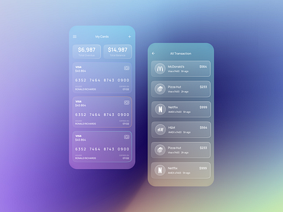 Glassmorphism Wallet UI app design glass effect glass ui glassmorphism interfacedesign ios app mobile app design mobile design mobile ui modern ui morphism ui uidesign uxdesign wallet wallet ui