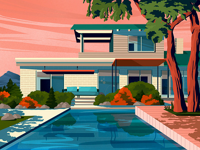 House architecture art artwork building categories house illustration illustration art landscape nature pool shadows summer summer party swimming pool