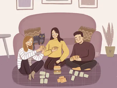 Card Games Time! branding character character design design digital art flat friends friendship games grain having fun home illustration living room man playing sofa ui woman young