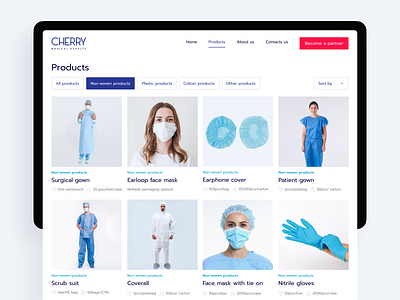 Cherry Medical Supply. Product catalog for the corporate website catalog clean company covid 19 design desktop figma filters health healthcare medical minimal products sorting supply ui userinterface ux webdesign website