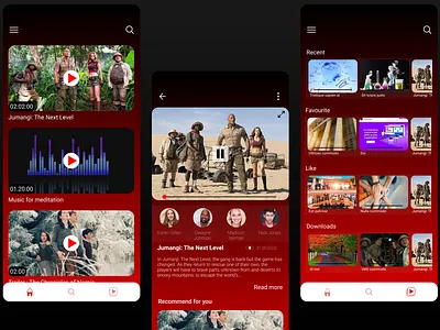 Movie app UI design black dark theme dark ui download favourite like menu mobile modern movie movie app recent recommandation red video white