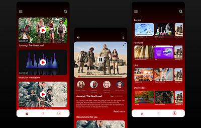 Movie app UI design black dark theme dark ui download favourite like menu mobile modern movie movie app recent recommandation red video white