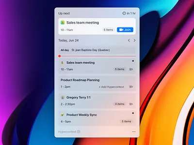 Hypercontext desktop app agenda calendar calendar events dark mode desktop app hypercontext mac app mac os meeting agenda meeting tool menu bar schedule ui video chat