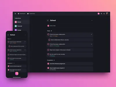 Collection Tasks app application collection dark mode design list management manager modern page project task tasks todo todos ui ux web web design website