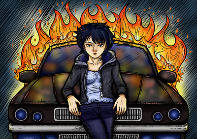 Leaning on a Burning Car art burn burning car color drawing female fire flame girl girl illustration hood lean leaning line line art lineart sedan vehicle woman