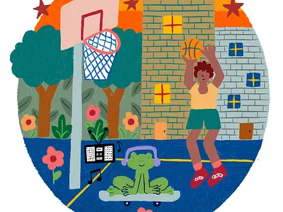 Sneaker Kid Shootin' Hoops animals basketball characterdesign childrens art city design frog fun illustration nature picturebooks procreate sneakers whimsical