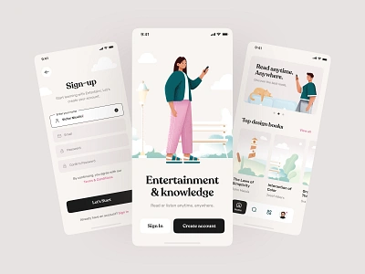 Entertainr mobile app app books clean concept creative design hierarchy illustration listen mobile mobile app navigation pallets read sign up typography ui ux welcome