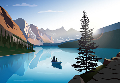 Moraine Lake - Canada boat canada fishing fishman illustration lake morainelake mountain nature sunnyday tree vector