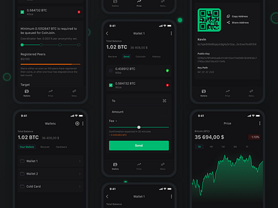 Mobile App - Wasabi Wallet (Concept) app blockchain crypto dark dark theme dark ui design minimal mobile neon ui ux