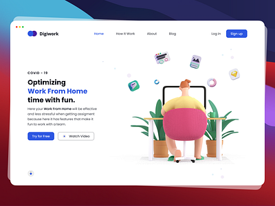 Digiwork Concept - Hero Header 3d character 3d concept branding design hero header illustration trending ui uidesign web