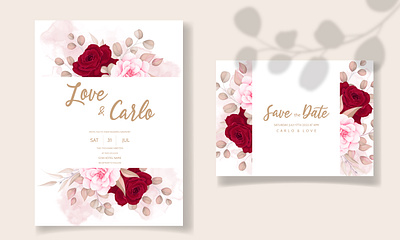 Beautiful peach and maroon floral wedding card abstract botanic bridal card delicate elegant garden gold greeting illustration invite leaf pattern romantic rose rustic set valentine vector wedding