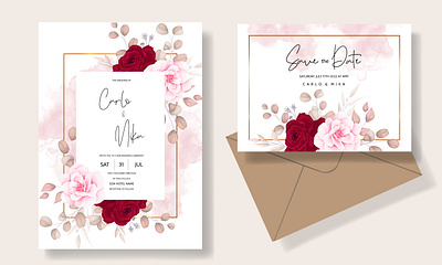 Beautiful peach and maroon floral wedding card abstract botanic bridal card delicate elegant garden gold greeting illustration invite leaf pattern romantic rose rustic set valentine vector wedding