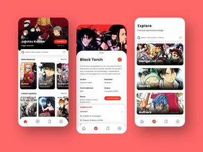 Shonen Manga Reader app black design iphone 11 manga minimal mobile app mobile app design mobile design mobile ui red shonen ui ux white