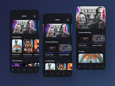 Abda - Streaming Movie App android clean dark design elegant gallery icon inspiration ios minimal minimalist mobile app movie app netflix simple streaming app ticket app trend ui user interface