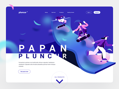 Papan Pluncur landing page exploration board clean debut design flat illustration isometric landing minimal skate skateboard skating typography ui vector web website