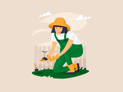 Spring agriculture character design farm flat flower bed flowers garden gardener green grow illustration illustrator landscape design plants spring vector vegetable garden village woman