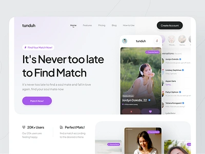 tunduh - [Hero] Dating App Website bumble clean dating design find match finder gradient landing page match match finder matching messanger minimal minimalist social tinder ui web design webdesign website