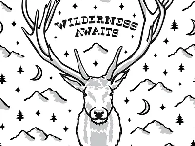 My First Case Study adventure animal black and white camping custom lettering design elk graphic design greyscale illustration mountains pattern pattern design sky stars wild wilderness