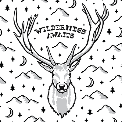 My First Case Study adventure animal black and white camping custom lettering design elk graphic design greyscale illustration mountains pattern pattern design sky stars wild wilderness