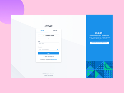 Login Page apollo connect crm download hubspot login login design login form login page login screen outreach saas salesforce sign up sign up design signup signup form signup page signup screen strategy