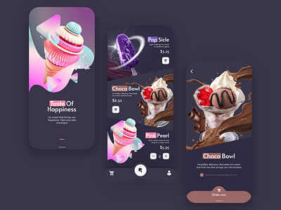 Ice Сream Delivery Mobile App 3d app branding bright color dark mode dark theme delivery design ice cream ios ios app design iphone mobile app typography ui ux vector