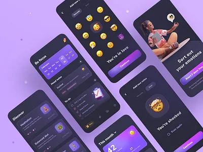 Mood tracker app 🤩 calendar card dark mode design details diary emoji ios journal mobile mood news notes notification scan tabbar task list tracker trial unicorn