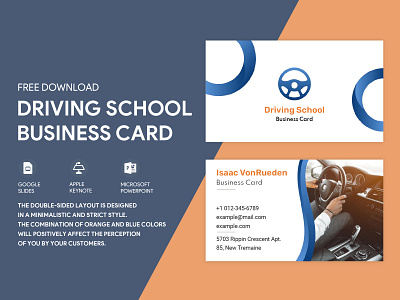 Driving School Business Card Free Google Docs Template academy business card cards design doc docs document google ms print printing school template templates visit visiting word