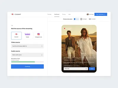 Add source of the streaming & choose size of the view – Courant chat chat streaming clean design clean ui interactions interface streaming ui ux