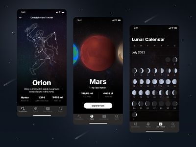Stargazing App Concept app app design calendar dark mode dark ui design glucode illustration interface design ios planets space stars ui ux