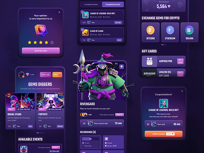 Mobile app for gamers. Finish tasks in exchange for real gifts app design bitcoin brawl stars cards competition cryptocurrency design events gamers games gaming app illustration inspiration interface ios mobile reward rivengard ui ux