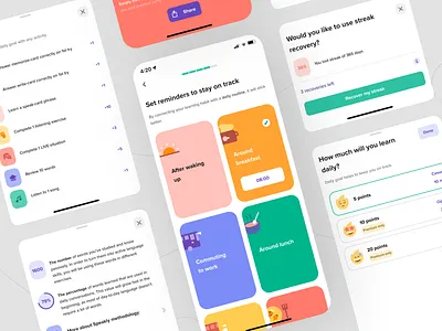 Speakly - Selects and sheets app design daily goal daily reminder education goal illustration language learning learning modal points progress reminders sheet sheets streak streak recovery timepicker ui