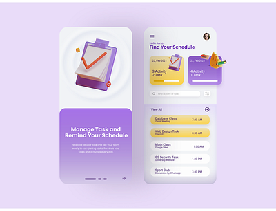 Task Manager App 3d 3d art activity manager animation app clear clearapp design figma icon minimal notes purple schedule app shadow task task manager ui yellow