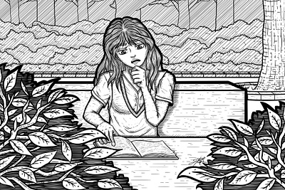 Reading on the Park art bench confused cross drawing female hatching illustration lady line line art nature park read reading sit sitting stylize woman woman illustration