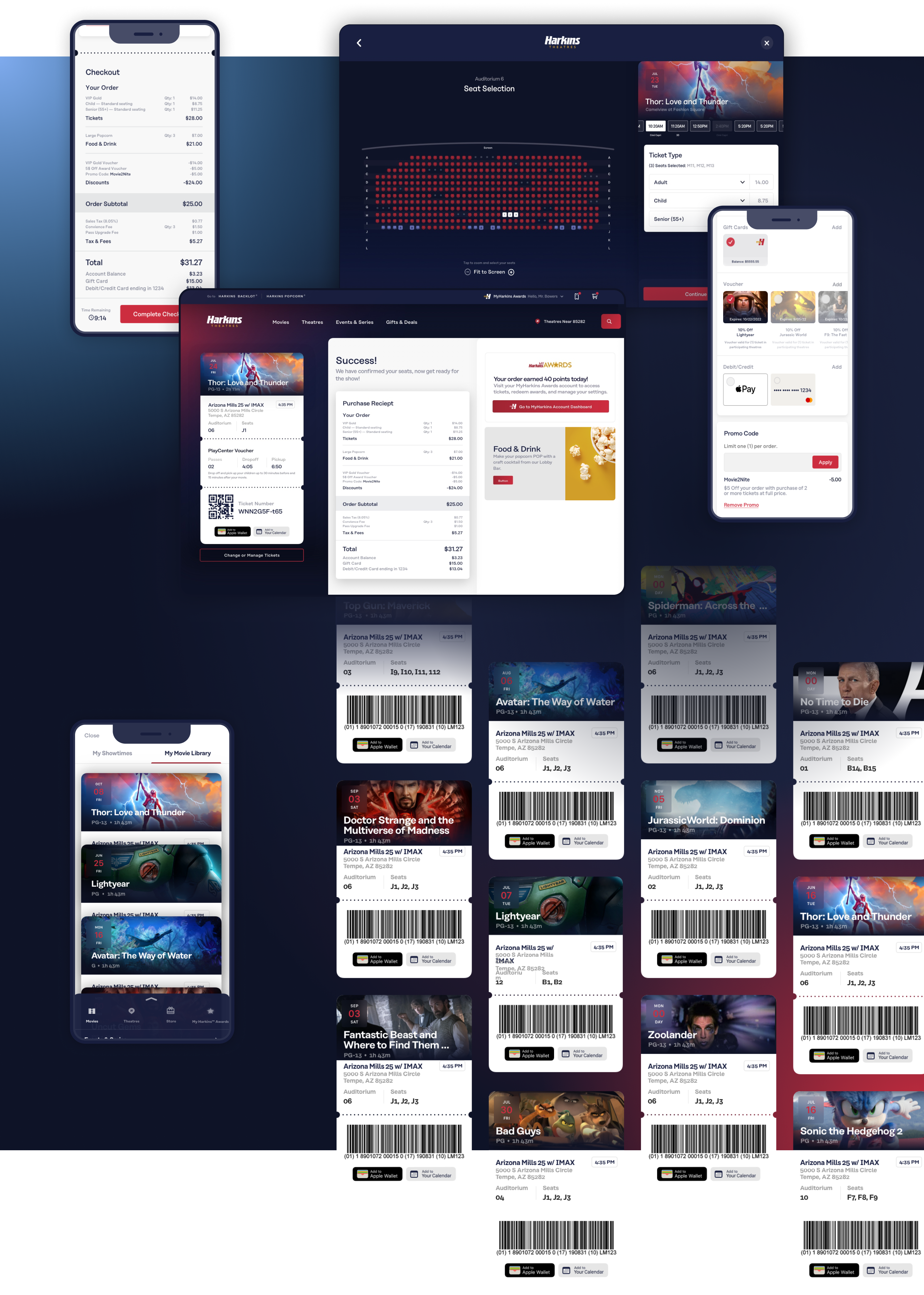 Harkins Theatres - Ticketing account center app awards design ecommerce movies popcorn rewards store theatre tickets ui ux website