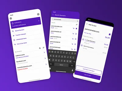 Domain Name Registrar Exploration App account add to cart app app concept app design app ui application buying domains home screen ios app listing manager mobile native prices purple search results ui violet