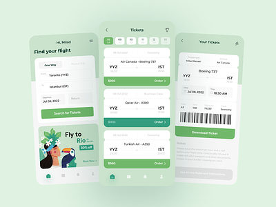 Flight Ticket App airline airplane app booking flight green app ios minimal mobile mobile app product design ticket ticket booking travel traveling trip ui ux