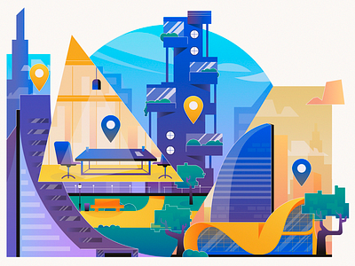 Modern architectural world architectural architecture building collage commercial flat geometrical gradient house illustration location minimal nature shapes space vector