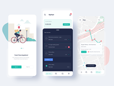 Time Tracker App - Apploye app branding clean design gps illustration location map mobile onboarding task time tracker tracking ui ui design ux