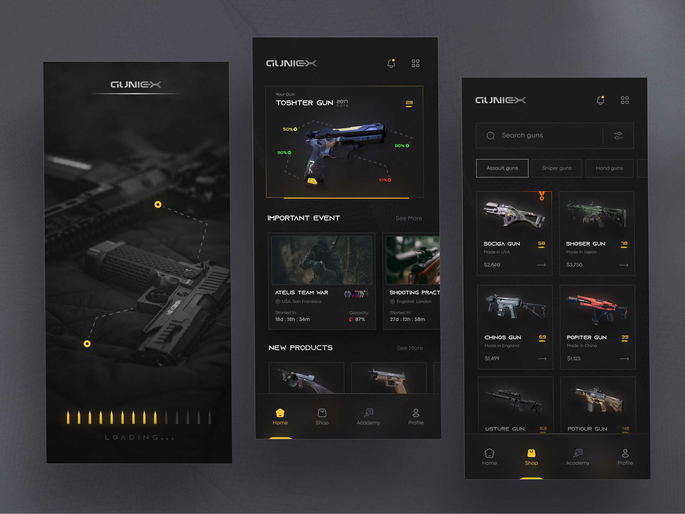 Gun Store App Design - Dark Mode app app design bullet call of duty game gradient gun gunfire modern rifle shooting shop shoping app trend ui war