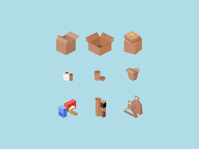 Various Cardboard Boxes 📦 3d box cardboard carton chinese food design food gift bag icon icon set illustration isometric kid package paper pizza recycle sustainable upcycle vector