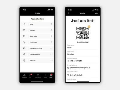 JLD- Hairdressing salon app. Profile and menu. app cta data design details hair salon hairdresser menu minimal profile qr tabbar ui