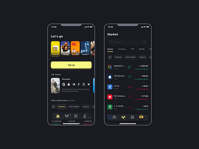 Investments app bitcoins bonds dark ui interface investments ios market mobile app software stocks ui ux