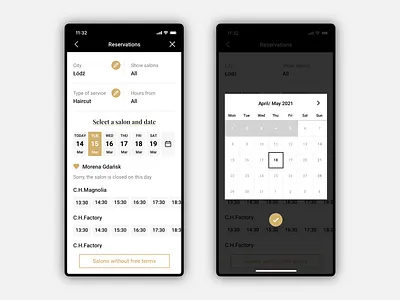 JLD- Hairdressing salon app. Reservation and date picker. app button calendar cta datepicker design minimal reservation selection ui