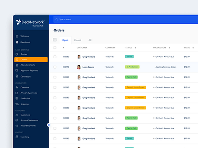Deconetwork - Orders Page app apparel b2b business dashboard deco decoration desktop management order prin report saas sales store table tshirt ui ux web