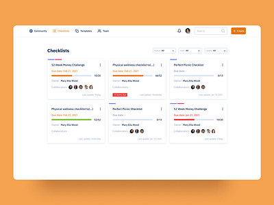 Listables Redesign - Checklists app checklist checklists collaborator dashboard design due date filters managment overview progress progressbar react tasks team to do ui ux web webapp