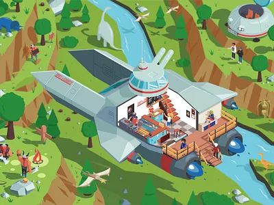 Spot & Choo's burgers dinosaurs flat game art illustration isometry landscape spaceship vector vikings