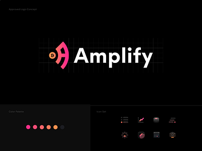 Logo design and icon set for Amplify agency bitcoin black brand identity branding color crypto dark finance icon logo logo design logo designer logo presentation logotype mobile app palette pitch presentation design ux